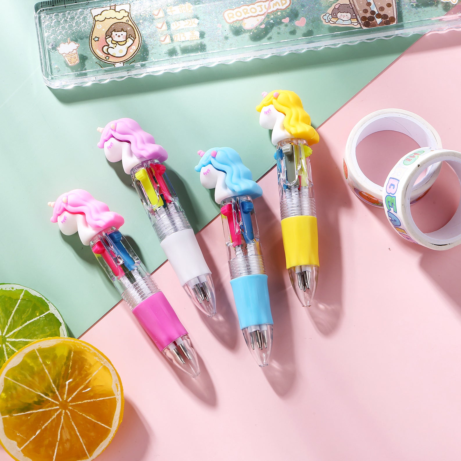 Wholesale Cartoon Cute Head Color Pushing Mini Four Color Plastic Ballpoint Pen